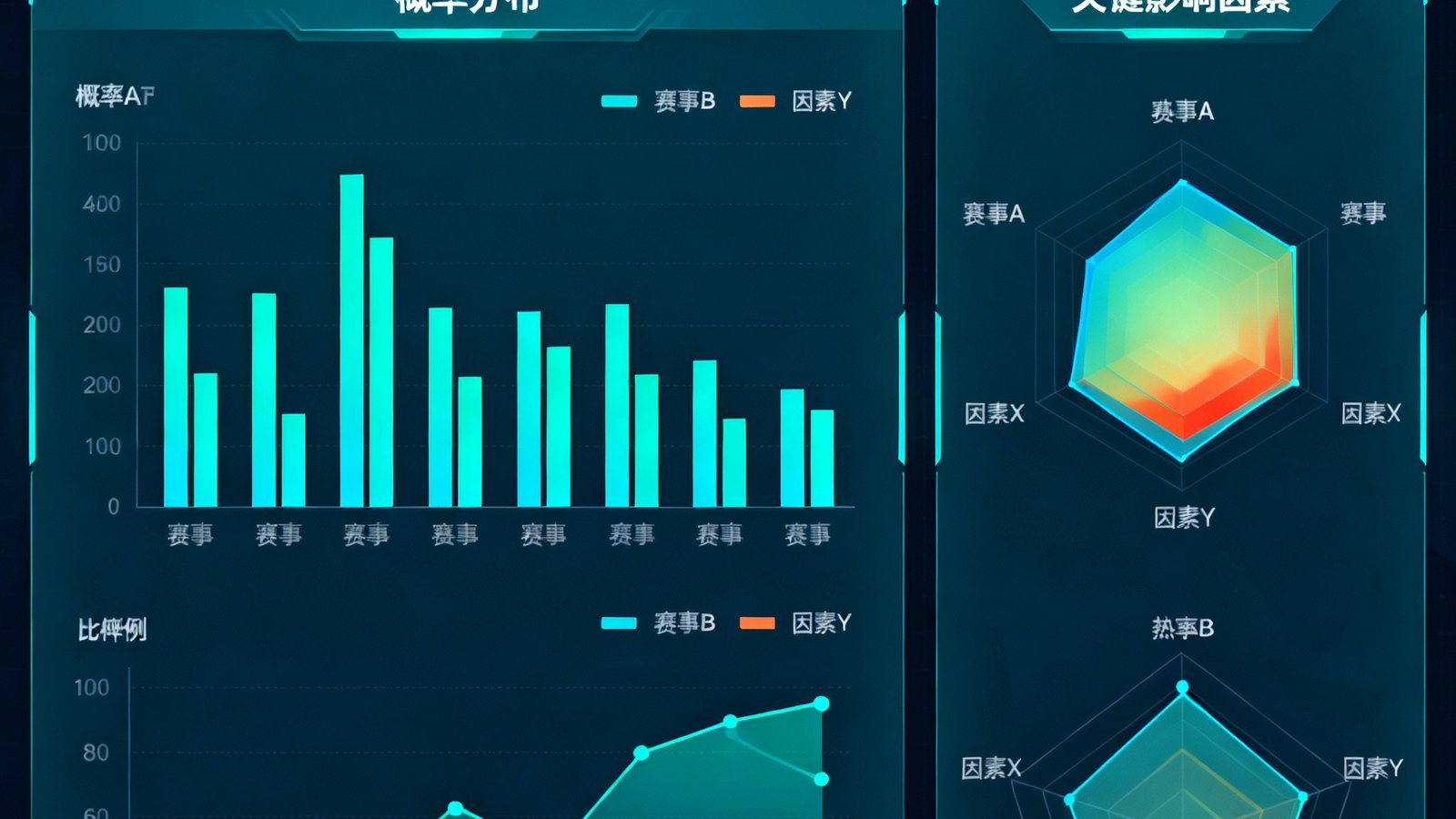 AI赛事预测模型的可视化界面，展示概率分布图表和关键影响因素分析