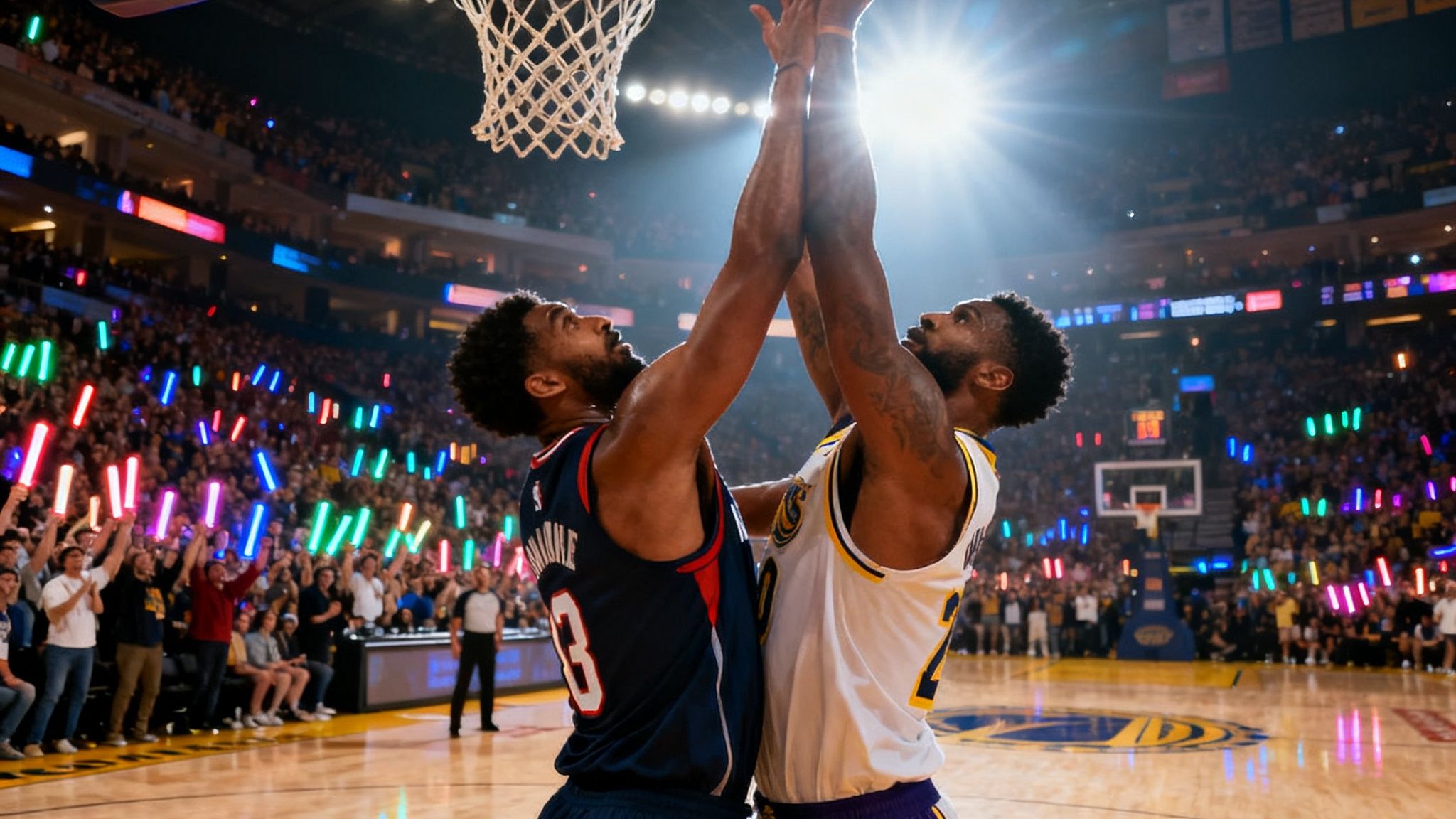 NBA季后赛现场，两名球员在篮下激烈对抗，观众席爆满，灯光聚焦球场中央